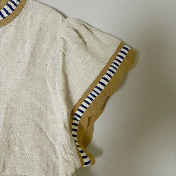 Umgee Linen and Cotton Beige and Blue Striped Trim Top - Picture 2 of 3